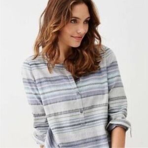 J. Jill Aztec Gray Blue Stripe Popover Half Button Blouse Top 100% Cotton Medium